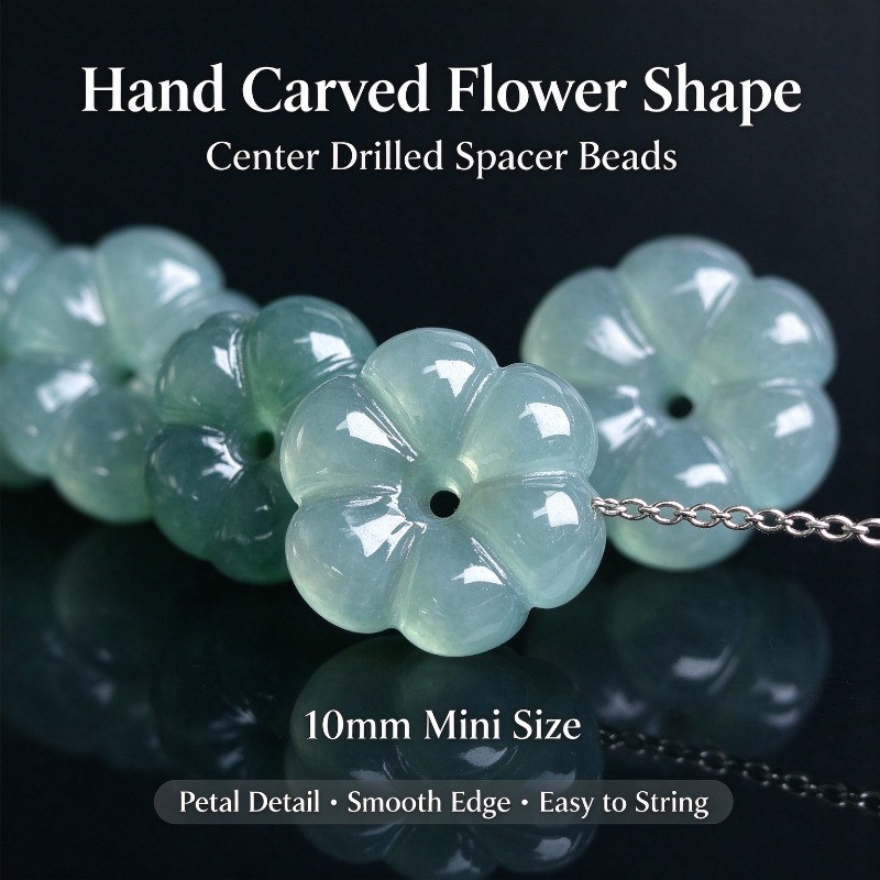 Earrings - 10 ชิ้น ลูกปัดหินหยกน้ำสีน้ำเงินพม่าธรรมชาติ แกะสลักด้วยมือ รูปดอกไม้ห้ากลีบ สำหรับทำสร้อยข้อมือและต่างหู
